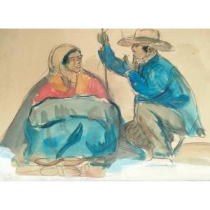 - Black Pencil Painting + Watercolor - Framed........ No - Signed