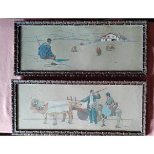 Pair Of Basque Regionalist Gouaches By The Painter Louis Floutier