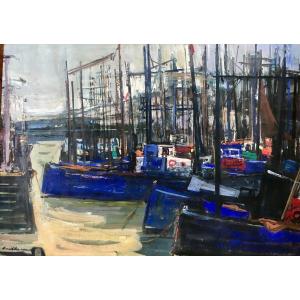 Gouache By Rodolphe Caillaux 1956 Port Of Saint Jean De Luz In The Basque Country