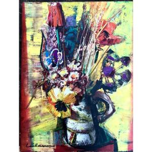 Large Hst Rodolphe Caillaux Still Life -scarlet Splendor Bouquet - Basque Country Montmartre
