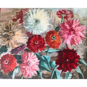 Dahlias Oil On Panel By Basque Painter Mayi Varchere Darizcuren