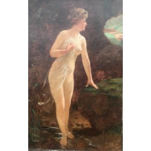 Art Nouveau Oil Woman At The Henner Cave Marouflaged On Panel