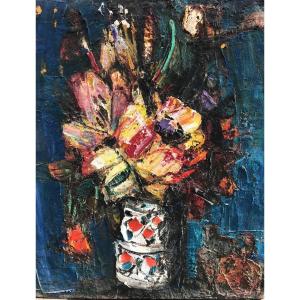 Hst Rodolphe Caillaux Blue Bouquet By The Painter Oil Basque Country
