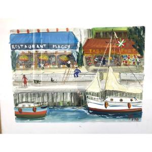 Pito (alain Ducot) Gouache From Ciboure In The Basque Country Quai Ravel