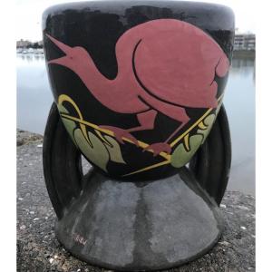 Large Vase Simone Larrieu Art Deco Period Pink Heron 28 Cm Daughter Of Octave Pyrenees Basque Country