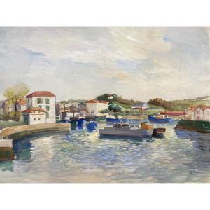 Port Of Saint Jean De Luz In The Basque Country, Gouache By Jean Faure (1913/1991)