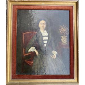 Portrait Of A Bourgeois Woman From The 17th And 18th Centuries On A Panel Mounted On A Wooden Board In France And Italy