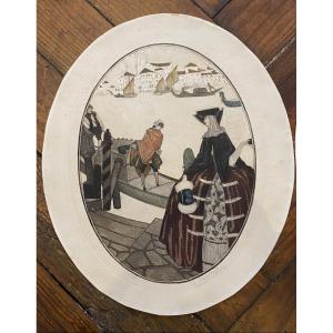 Pair Of Early 20th Century Venice Carnival Elegant Colored Oval Engravings Number Signs