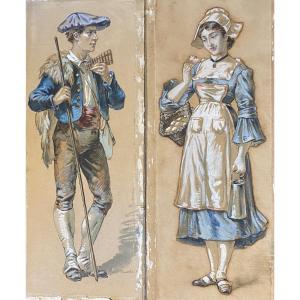 Pair Of 19th-century Gouache Paintings, Basque Country, Landes, Pyrenees, Bigorre, Folk Art, Hunter, Peasant