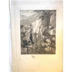 Engraving Art Nouveau Art Deco 20th Antoine Calbet Nude Erotica Embossed Seal 