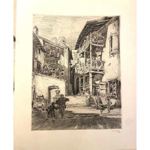 20th Century Engraving Gobo Georges Gobeau Basque Country Saint Jean De Luz Rue Du Midi Euskal Herria 