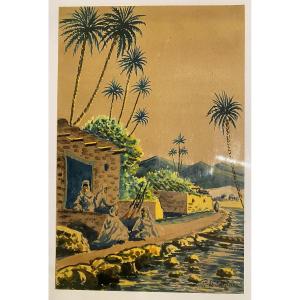 Orientalist Gouache By Pierre De Saedeler, 1930/50, Riverbank, Morocco/algeria 