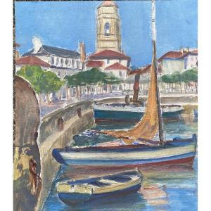 Gouache Painting Of The Port And Place Louis XIV In Saint-jean-de-luz, Basque Country, By Charles Aguerregaray