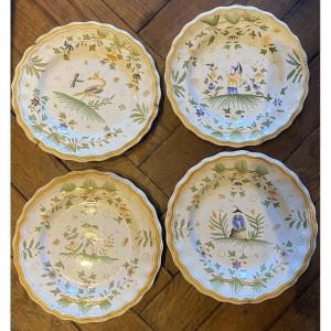 Four 18th-century Polychrome Plates From The Moustiers-en-provence Pottery, Monogrammed Signature