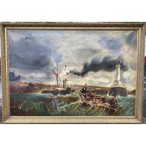 Hst 19th Century Entry Into The Port Of Bologna, Old Copy By Eugene Isabey, Old Frame