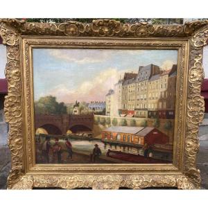 Hst Paris 19th Century Pont Neuf Framed Antique Frame The Seine Small Trades Henri IV 