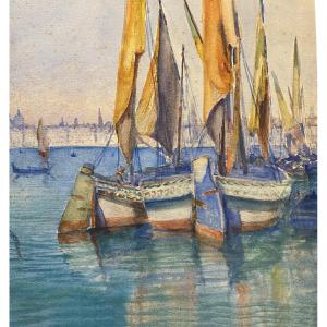 Orientalist Watercolor, 20th Century, Venice (venice), Attributed To Ch. Aguerregaray - Port 