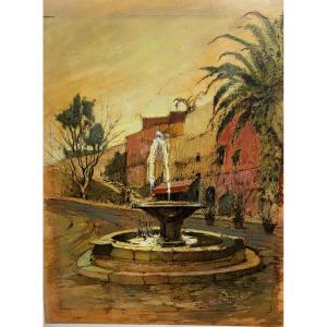 Oil On Paper, Painter From Ciboure In The Basque Country, Dante Antonini Fountain, Provence, Italy 