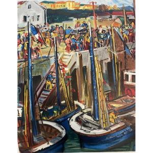 Lithograph By Rodolphe Caillaux, Port Of Saint Jean De Luz, Fishing Return, Basque Country