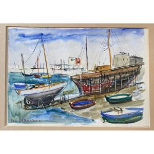 Basque Country Gouache By Pito (alain Ducat) Donostia San Sebastian Sebastian Boats On The Slipway