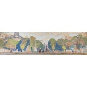 Gouache Early 20th Century Paris In The Style Of Géo Fourier/tillac Gardens Boulevards