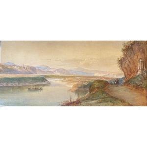 Orientalist Watercolor, 19th Century / Orientalism, River And Figures In Costumes