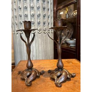 Art Nouveau Candlesticks In Bronze.