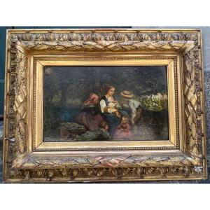 Oil On Panel, Depicting A Rural Scene.