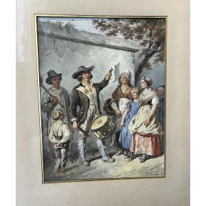 Watercolor Genre Scene Signed. 19th Century Hemlock 