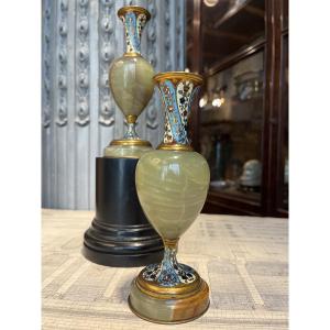 Pair Of Vases In Algerian Onyx And Bronze.