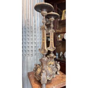 Pair Of Carved And Painted Wooden Candle-holders.