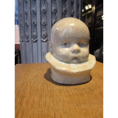 Enameled White Ceramic Baby Head, Signed Under Base Berthe -savigny (1882-1958)