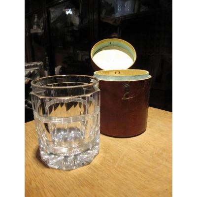 Cut Crystal Tumbler In Leather Case Covered With Leather.