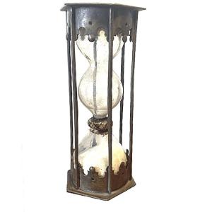 Large Brass Hourglass With 6 Columns, Bulb With Two Vials, One Bulb With Two Spheres, 17th Century