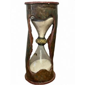 Early 18th-century Venetian Hourglass In Painted Leather. Arte Povera. 17 Cm