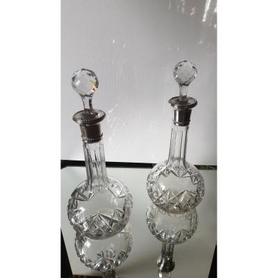 Pair Of Crystal And Silver Carafes