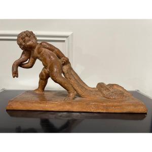 Sylvestre Clerc - Child Pulling A Snake Terracotta Sculpture Susse Frères