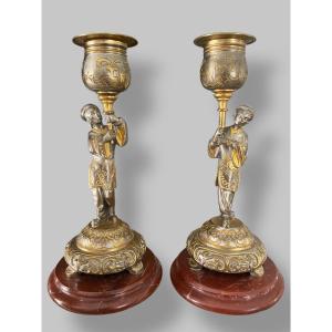 Pair Of Japanese-style Candlesticks In Gilt And Silver Bronze, Late 19th Century
