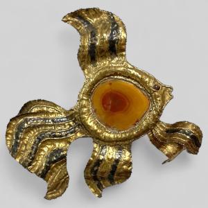 Henri Fernandez - Brass And Agate Fish Wall Lamp Circa 1970