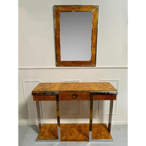 Willy Rizzo - Elm Burl Console And Mirror Circa 1970