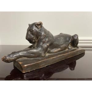 Reclining Panther Terracotta Sculpture Signed Oscar Waldmann