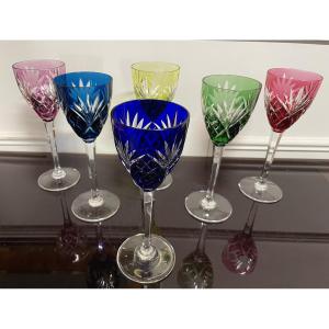 6 Saint Louis Colored Crystal Roemer Glasses, Chantilly Pattern, H: 21.5