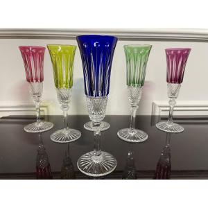 6 Saint Louis Tommy H Colored Crystal Champagne Flutes, 20.5 Cm