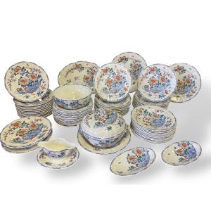 Gien - Gien Earthenware Dinner Service, Roosters And Peonies Pattern, 71 Pieces 