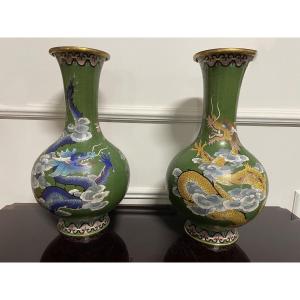 China - Pair Of Cloisonné Vases With Dragons, 20th Century Enamel