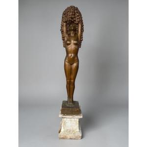 Large Art Deco Studio Plaster Sculpture - 190 Cm - Woman With Flowers Circa 1930