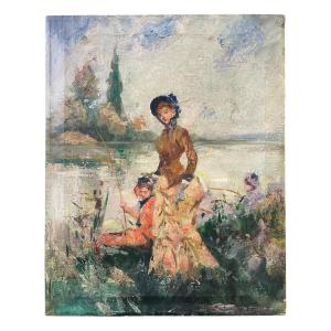 Elegant Women Fishing - Oil On Canvas Alessandro Lupo Impressionist