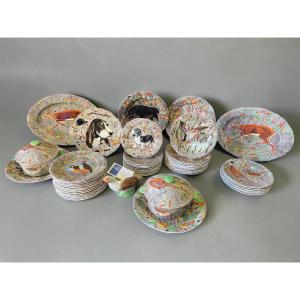Gien - Rambouillet Model - Gien Earthenware Dinner Service With Hunting Décor 53 Pieces
