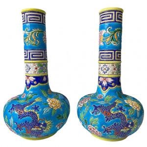 Emaux De Gien - Beautiful Pair Of Chinese Japanese Dragon Decor Vases