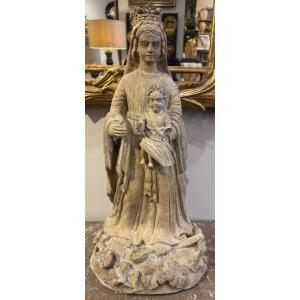 Vierge à l'Enfant En Pierre Calcaire XVIIème